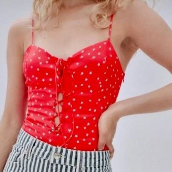 Zara Brand Red Satin Effect  Bodysuit White Star Print Sz M Medium NWT - Picture 1 of 6